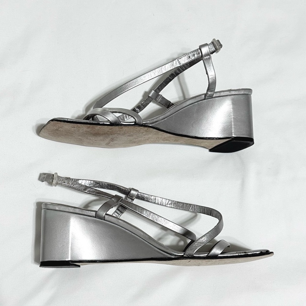 Pedro Garcia Y2K Metallic Silver Square Toe Strappy Wedge Low Heels IT 37 US 7